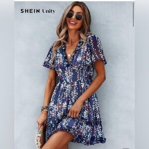 LIKE NEW SHEIN Unity Ditsy Floral Print Frill Trim Dress in Navy - Sz M/US 6